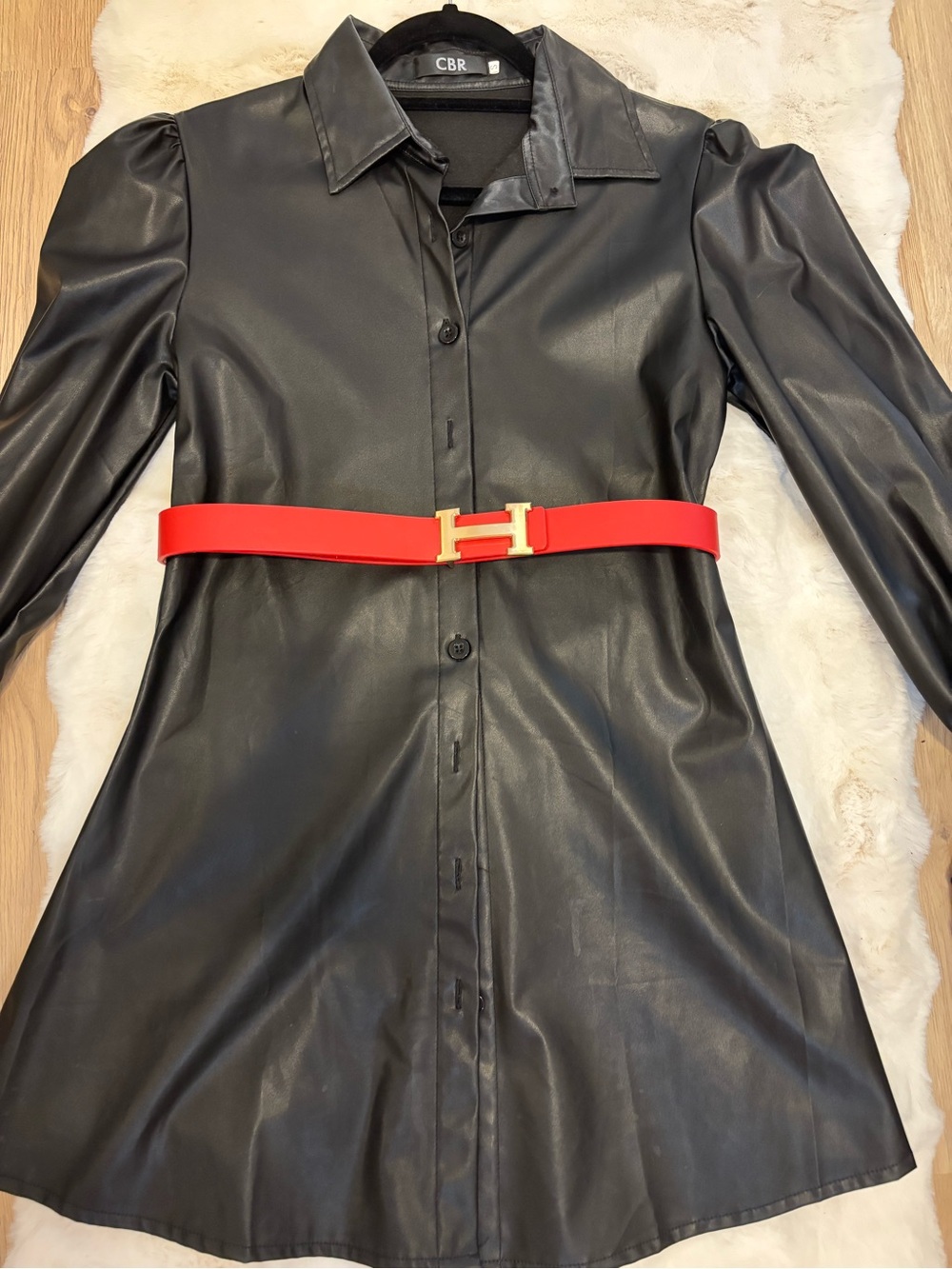 CBR Black Faux Leather Long-Sleeve Button Dress, built is not included